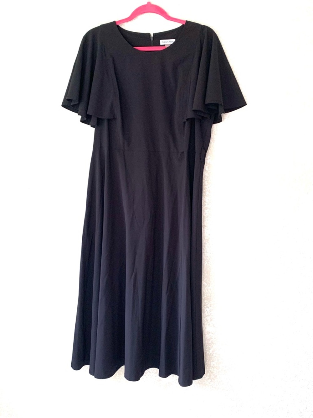 Calvin Klein Black Flutter-Sleeve Midi Dress Size 14 Boho Minimalist Classic